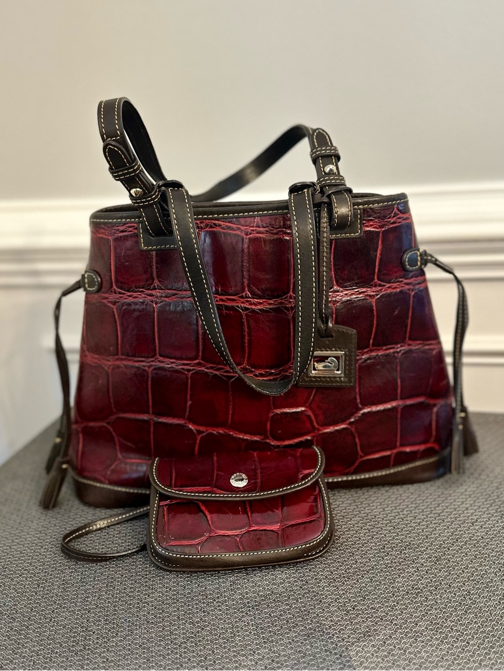 Dooney & Bourke Burgundy Croc-Embossed Leather Shoulder Bag with Coin Pouch - Picture 3 of 8